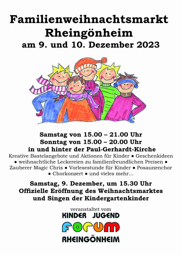 Hinweisplakat zum Weihnachtsmarkt 2023 iun Rheingönheim. Der Weihnachtsmarkt findet am 9. und 10. Dezember statt.